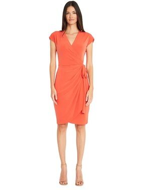 ✨140 Maggy London  Wrap-Style Cap Sleeve Dress in Coral